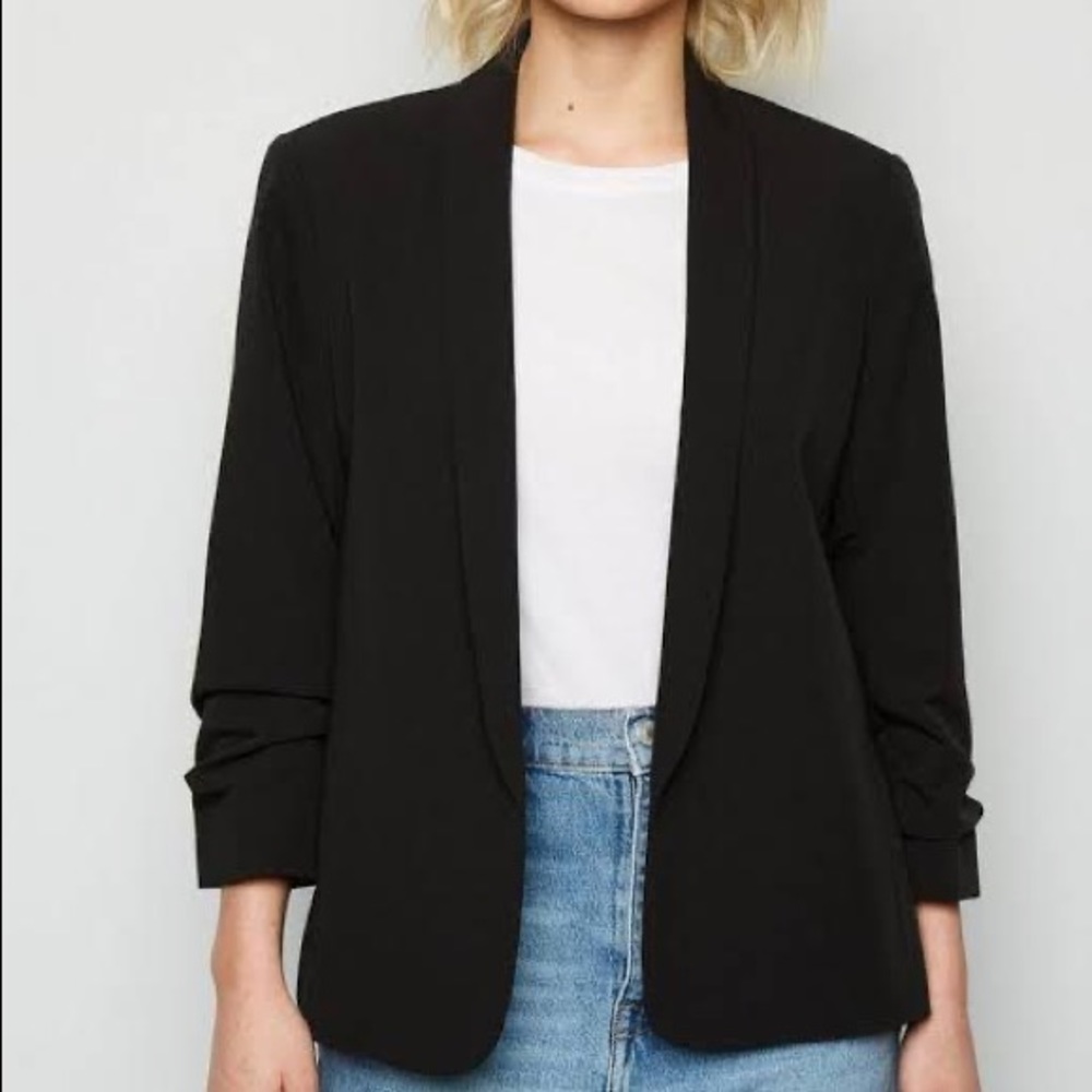 ZARA BLACK RUCHED SLEEVE LONGLINE BLAZER XL